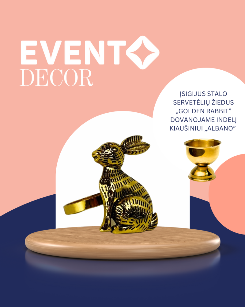 Stalo servetėlių žiedai "Golden rabbit" (2 vnt.) + DOVANA kiaušinių laikikliai (2 vnt.)
