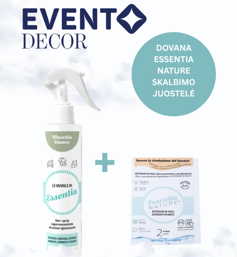 Essencia nature purškiamas/dezinfekuojantis namų kvapas: "Baltasis muskusas" 250 ml. + DOVANA eko skalbimo juostelė