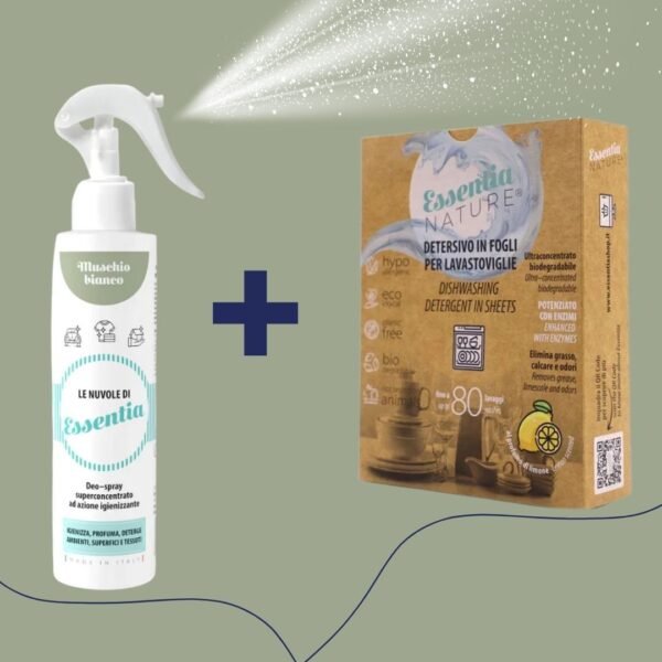Ekologiškas rinkinys – indaplovių juostelės + dezinfekuojantis namų kvapas - valiklis „White musk“.